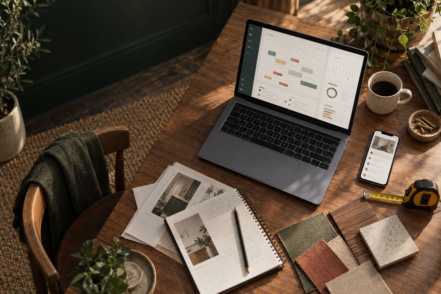 An independent business workspace with a laptop, phone, project notes, and materials